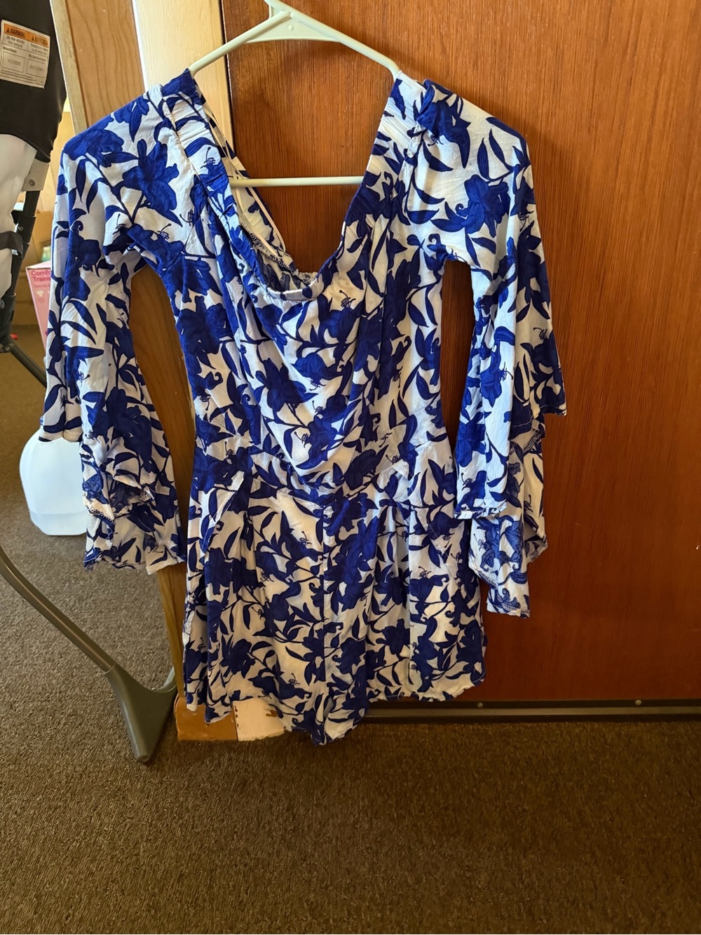 Luxxel Blue and White Floral Off-Shoulder Romper